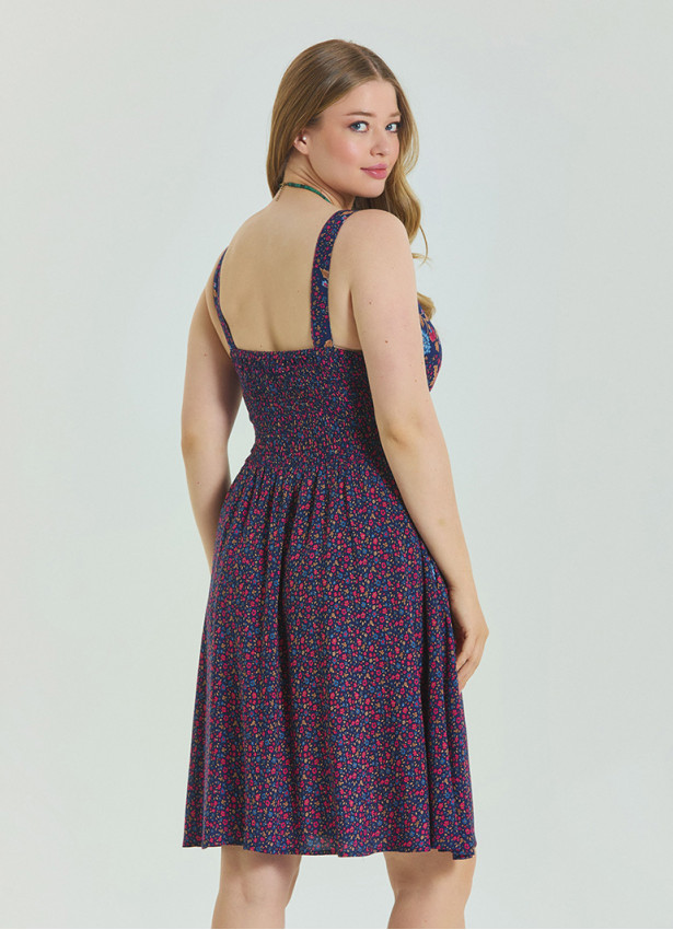 V Neck Robe Pink Floral Patterned Plus Size Dress 4584